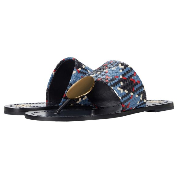 Tory Burch $268 Patos LEATHER Disk Sandal Blue Woven 10 - Picture 4 of 10